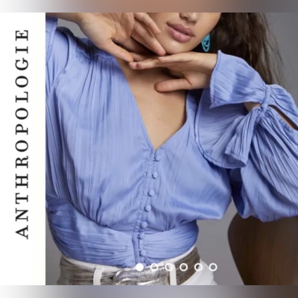 Anthropologie Blue Satin Smocked Pleated Blouse | XS